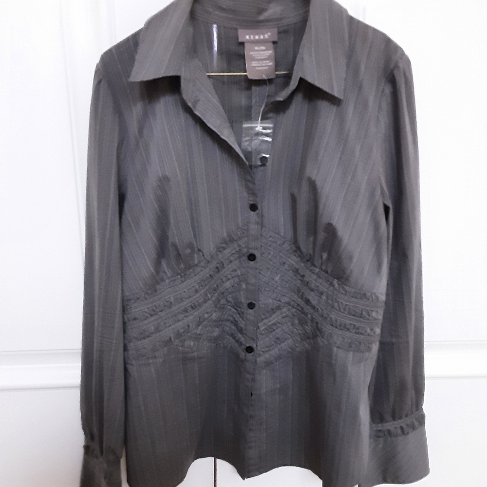KENAR GREY STRIPED BUTTONED COLLARED DRESS SHIRT WITH RUCHED BODICE XL